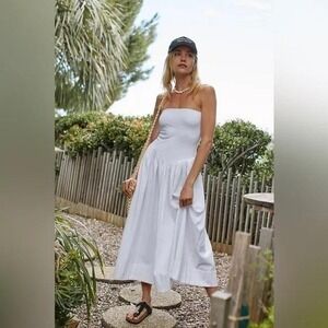 Free People Dress Womens Small White Midi Onda Tube Drop Waist ALine Strapless